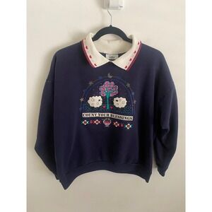Vintage Gopher‎ Sport Navy Blue Count Your Blessings Sheep Sweatshirt Womens PL